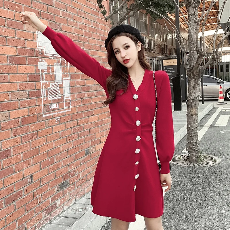 Женские платья вязаный свитер элегантное темпераментное платье с v образным