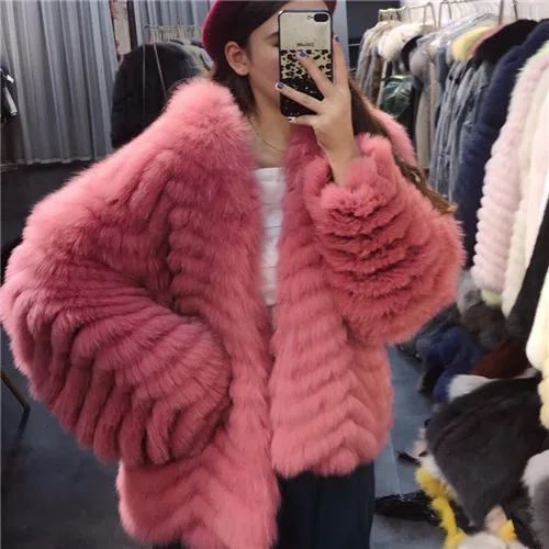 Пальто из натурального меха женская зимняя натуральная меховая куртка женская Высококачественная теплая маленькая полоска кожаные пальто из лисьего меха - Цвет: Pink