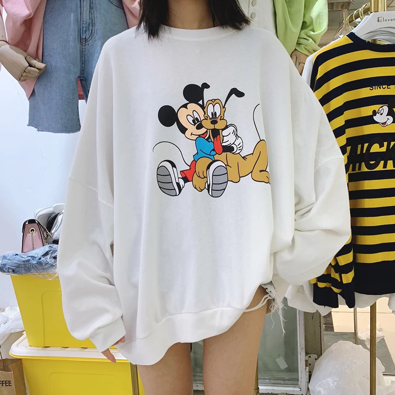 

Plus Size Women Sweatshirt Autumn Winter Thin Loose Cartoon Mickey Goofy Casual Pullover Long Sleeve Sport Tops Fashion O-neck