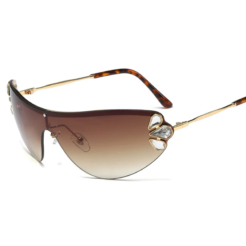 Роскошные Алмазные кошачьи глаза солнцезащитные очки для женщин без оправы цельные женские и мужские очки солнцезащитные очки модная металлическая со стразами очки UV400 - Цвет линз: 2 tea
