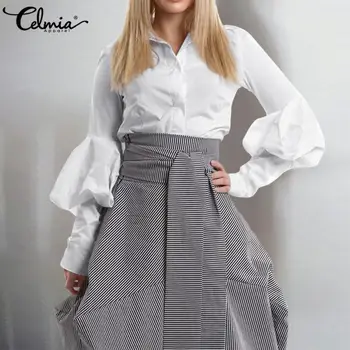 

Plus Size 5XL Celmia Women's Shirt Fashion Long Lantern Sleeve Blouse Laple Autumn Buttons Casual Office Lady Tops Solid Blusas