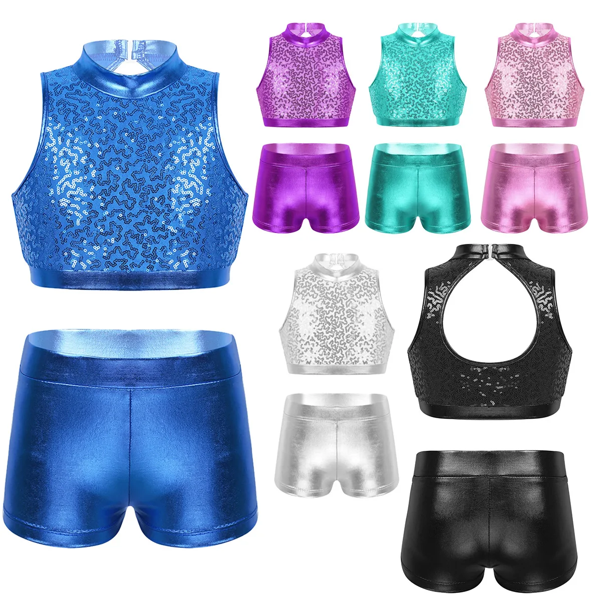 Sequins Kids Girls Jazz Dance Costumes Ballet Gymnastics Leotard Shorts Set for Birthday Gift Ballet Class Performance Clothes
