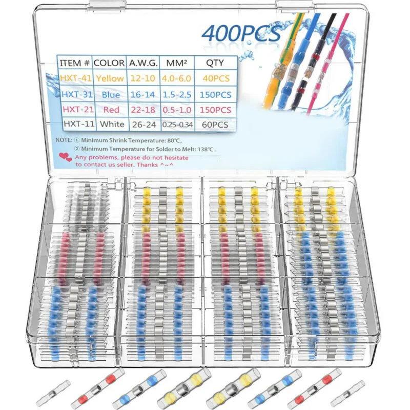 

400pcs Heat Shrink Butt Terminals Solder Sleeve Wire Connector With Storage Box