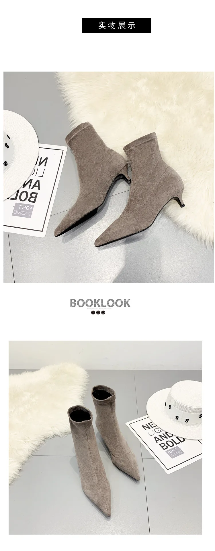 Kitten Heels booties pointed toe fashion women boots winter suede leather chelsea mid-calf martin botas stretch slip on botines