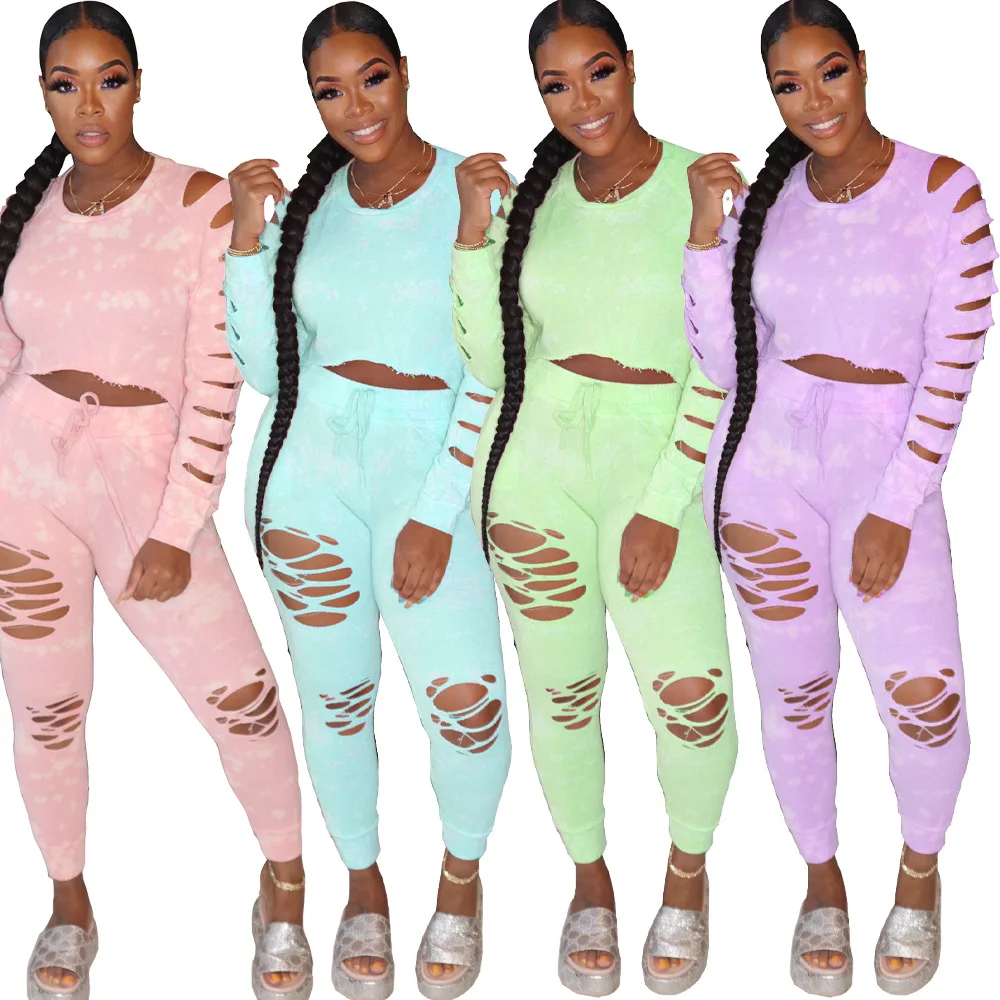 

Adogirl Women Hole Hollow Out Tie-Dye Print Two Pieces Set Long Sleeve Tops Jogger Pants Suits Tracksuits Autumn Casual Outfits