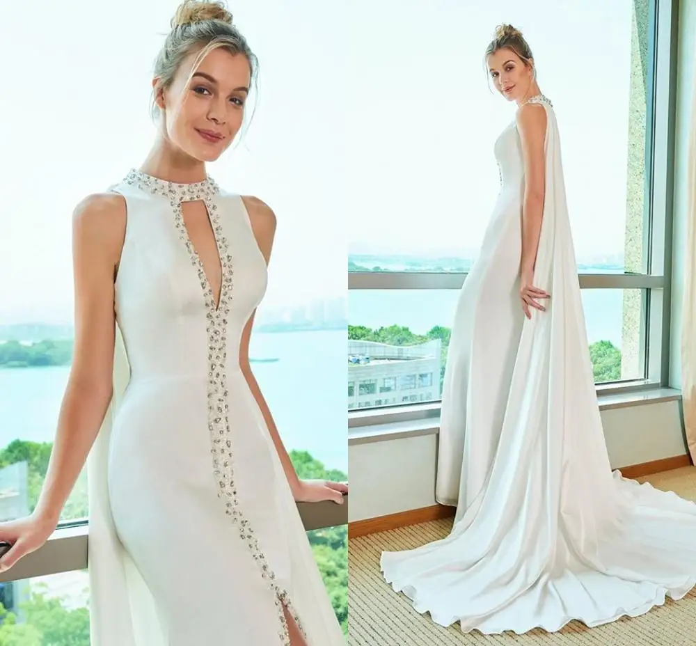 

Sexy Fahuon Hot Mermaid Split-Front Beading White Evening Dresses 2021 Crystal Arabic Prom Dresses with Warp vestidos de noiva