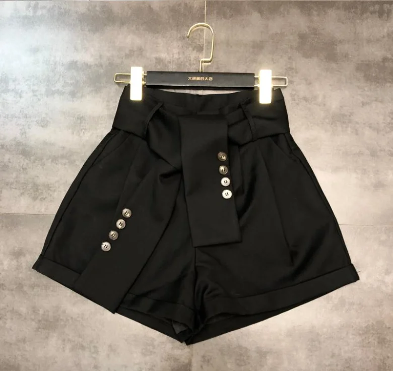 Fall New Button Design Belt High Waist Women Shorts Solid Color Female Wide Leg Shorts