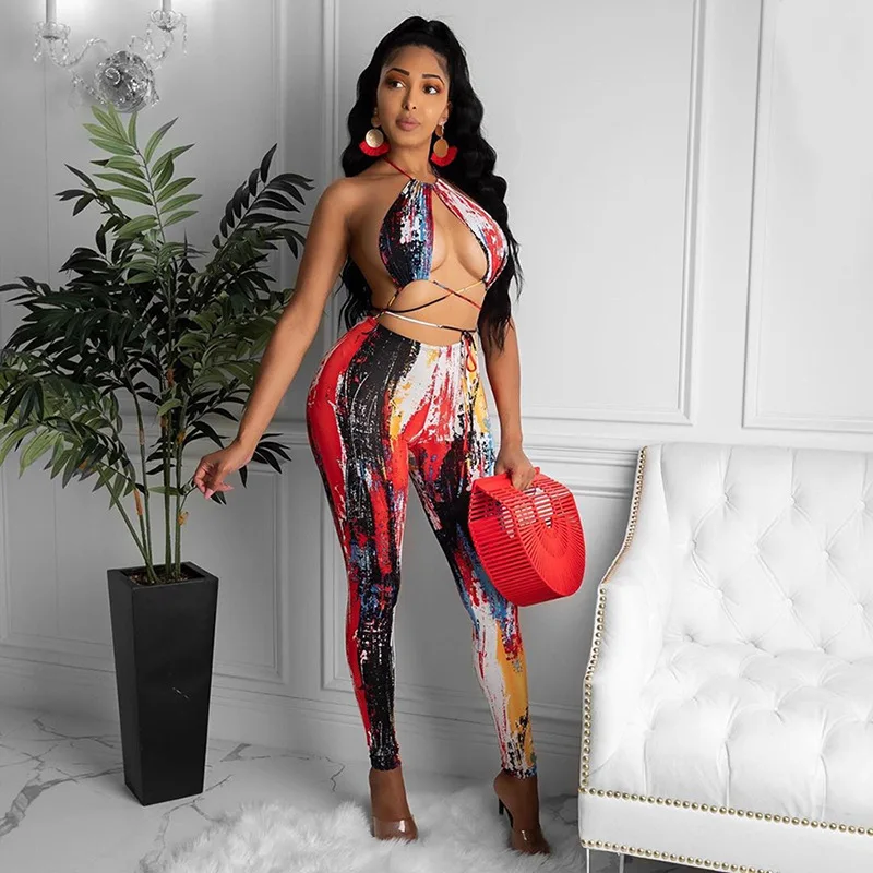 

Women's Sexy Jumpsuit Printed Cutout Backless Drawstring Rompers European and American Ladies's Clothes