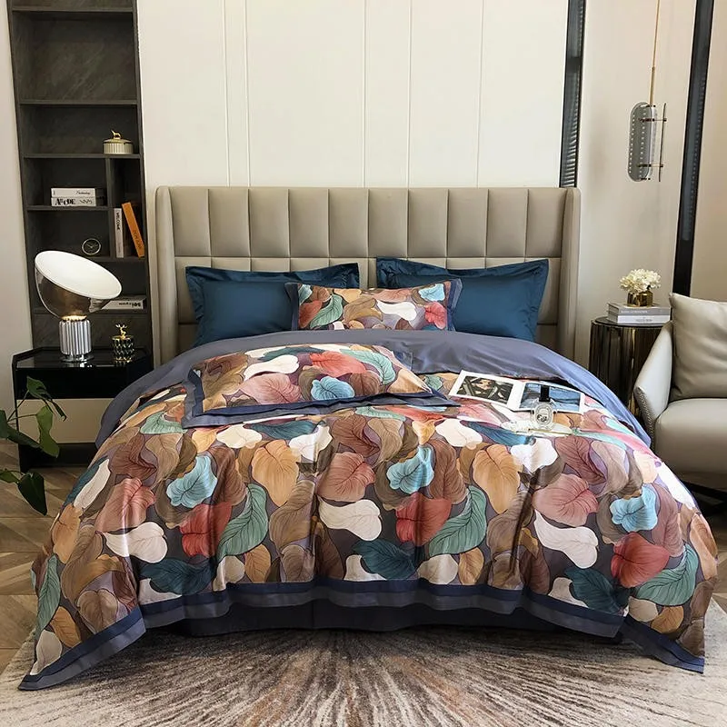 

800TC Egyptian Cotton 4Pcs Ultra Soft Comfy Breathable Bedding Set Colorful Leaves Duvet Cover with Zipper Bed sheet Pillowcases