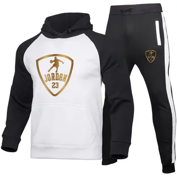 

Tracksuit Men 2020 Fall And Winter New 2-Color Stitching Fleece Hoodie Sweatshirts +Trousers Two-Piece Sets Men/Women Sportswear