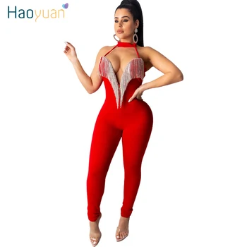 

HAOYUAN Sexy Sequin Tassels Rompers Womens Jumpsuit Halter One Piece Party Club Outfit Off Shoulder Backless Bodycon Jumpsuit