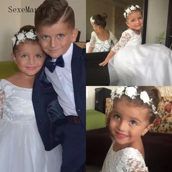 

Cheap Pure White Tulle Lace Flower Girl Dress with Bow Backless Holy First Communion For Elegant Cute Princess 3/4 Long Sleeves