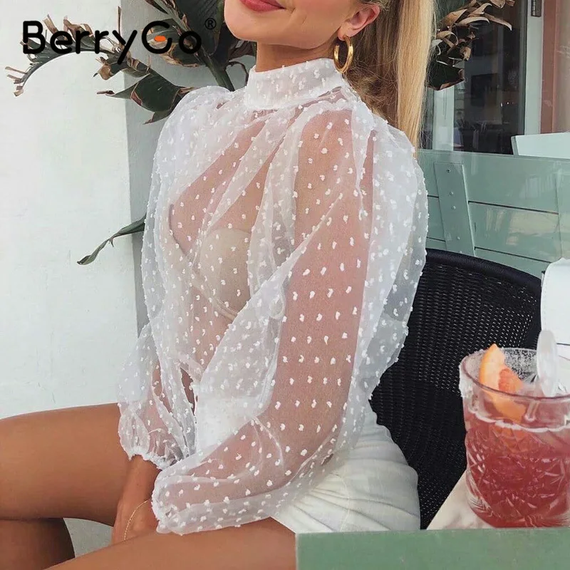 BerryGo женская модная сетчатая блузка в черный горошек рубашка с длинным рукавом
