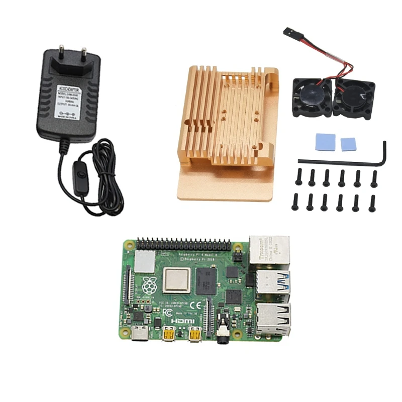 Для Raspberry Pi 4 модели B 2G Оперативная память DIY Kit с защитным покрытием золото чехол охлаждения двойной вентилятор 5V 3A Мощность адаптер