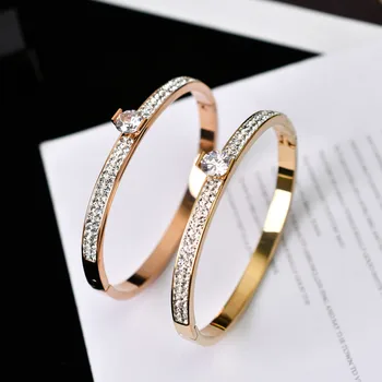 

YUN RUO Luxury Pave Zircon Stone Bangle Fashion Rose Gold Titanium Steel Jewelry Woman Birthday Gift Not Change Color Drop Ship