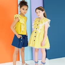 Платье «Эльза»; Новинка г.; летние платья для маленьких девочек; вечерние платья в клетку с единорогом в стиле буйвола; одежда без рукавов для маленьких девочек; Цвет горчичный, желтый