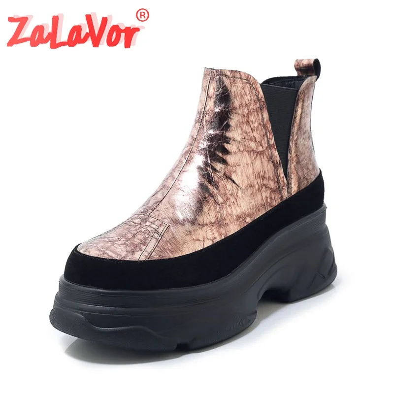 

ZALAVOR Real Leather Thick Bottom 2020 Hot Sale Ladies Ankle Boots Platform Slip On Round Toe Daily Boots Footwear Size 34-39