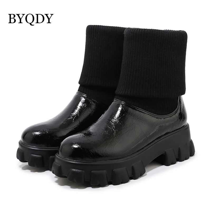 BYQDY Plus Size 46 Trendy PU Leather Mid Calf Boots Round Toe Footwear Thick Heels Lady Boots Outdoor Autumn Winter Short Boots