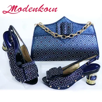 

Modenkoin Dark Blue Women Matching Shoes and Bag Set with Rhinestone Italian Shoes with Matching Bag for Women Bag and Shoes