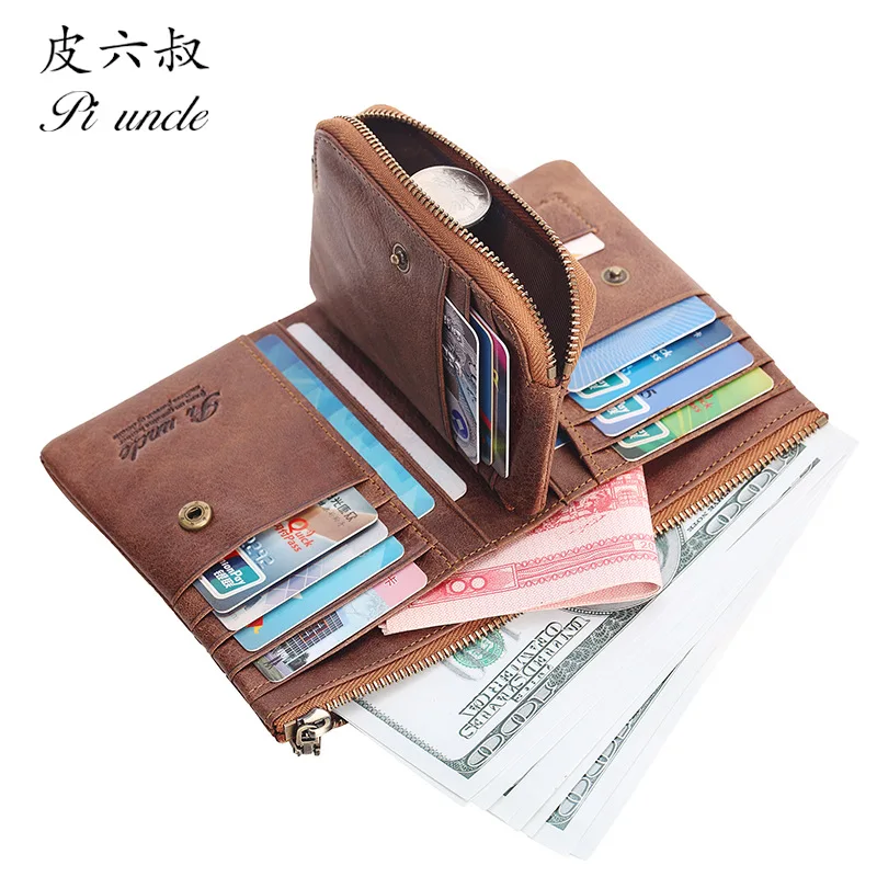 PI UNCLE Brand MOTO Style Metal Chain Wallets RFID Genuine Leather Men's Short Zipper Pocket Wallet Men Cardholder Purse