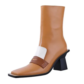 

brand genuine leather women's ankle boots sexy high heels square toe zipper black brown shoes woman dress party short boots 40