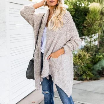 

Polyester Knit Soft Solid Open Front Fuzzy Casual Crew Neck Long Sleeve Loose Women Cardigan Fashion Pocket Irregular Hem