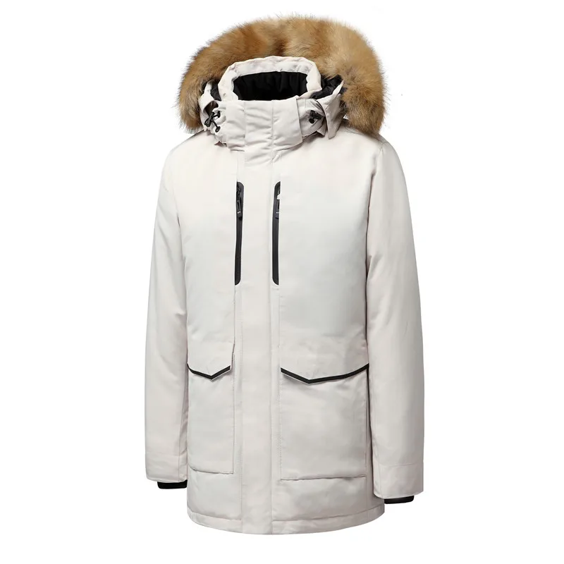 Мужская зимняя куртка с меховым воротником, толстая, теплая, белая, утиный пух, дышащая, ветрозащитная, мужская, деловая, повседневная, с капюшоном, пуховая парка, пальто