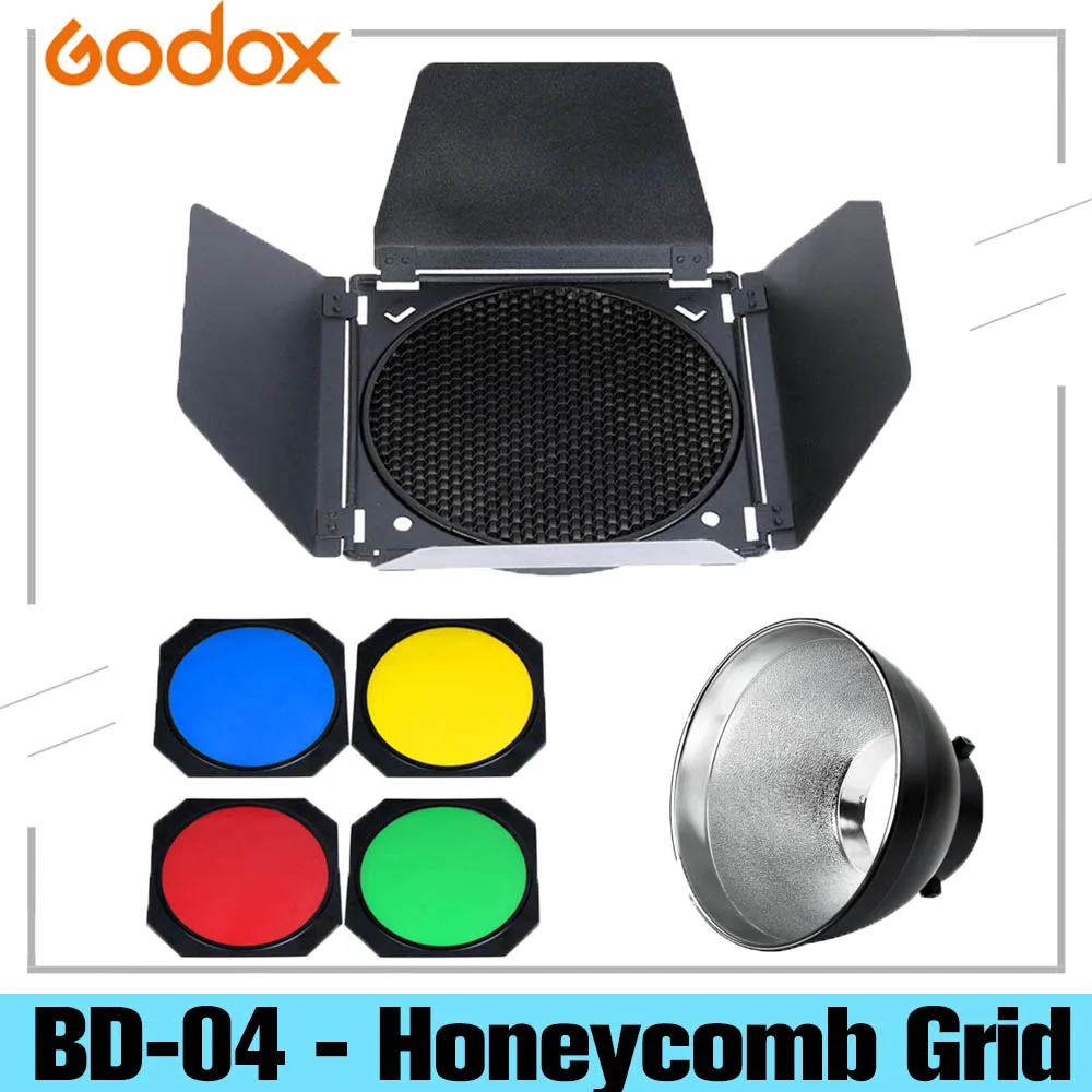 Godox BD 04 Honeycomb Grid Barn Door Honeycomb Grid with 4 Color Gel