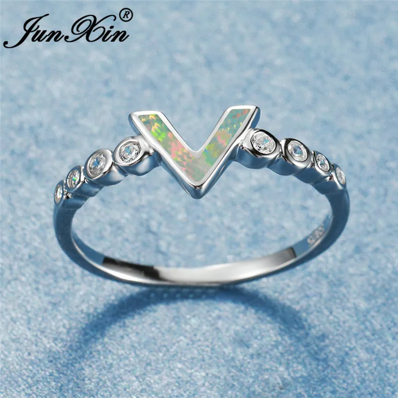 Изысканное кольцо с буквой V, 925 пробы, серебряное, голубое, белое, огненный опал, кольца для женщин, минималистичные тонкие кольца, циркониевые Свадебные украшения