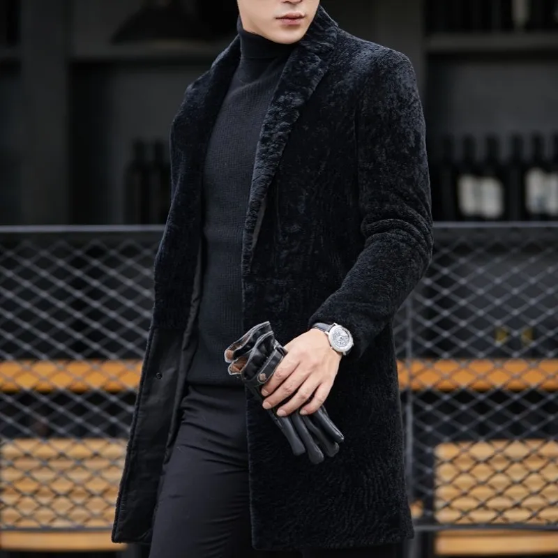 Мужское деловое пальто из овчины, зимнее теплое Брендовое пальто с отворотом, тонкое длинное пальто с натуральным мехом, черное повседневное роскошное меховое пальто, верхняя одежда размера плюс 4XL