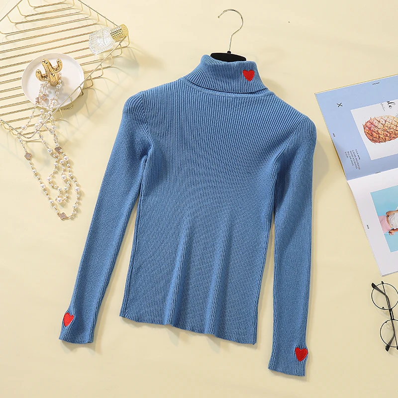 Heliar, красное сердце, вышивка, женский свитер с круглым вырезом и длинным рукавом, женская повседневная одежда, осенний зимний свитер для женщин - Цвет: BLUE