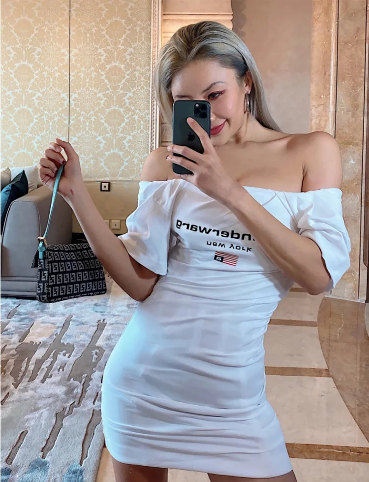 

2020 Spring Summer Women Off Shoulder Letter Print Slim Sexy Short Dress A2