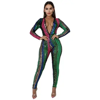 

Elegant Sexy Plus Size Jumpsuits Skinny Women V-Neck Long Sleeve Ladies Striped Sequin Rompers