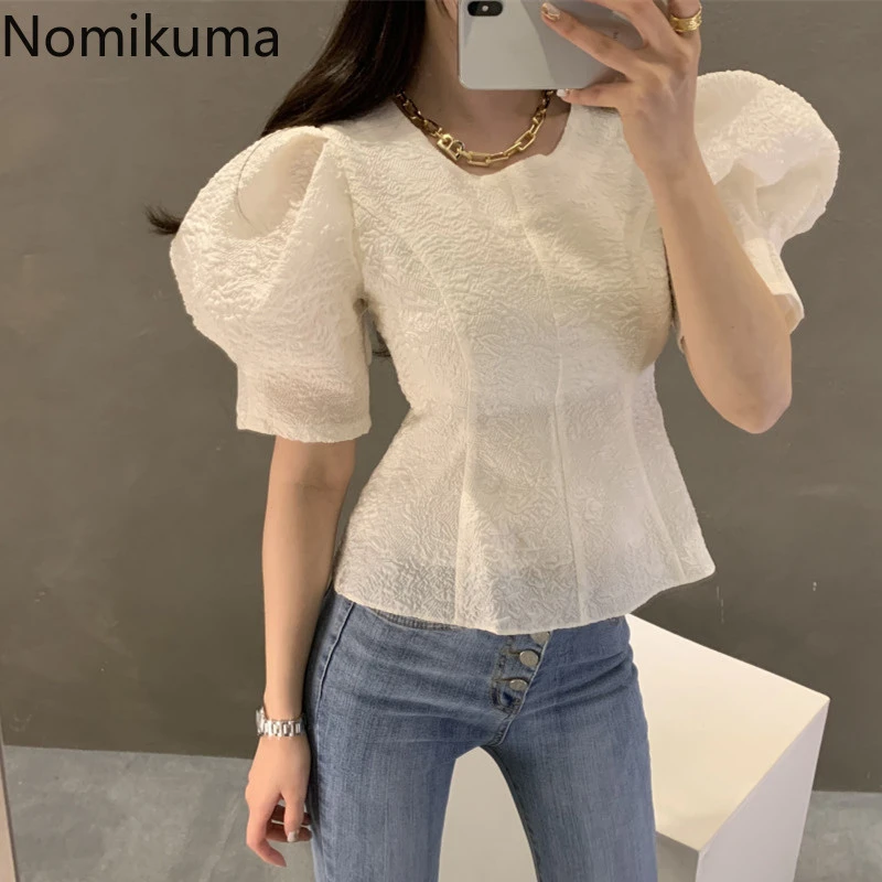 Nomikuma Blouse Women Korean Puff Short Sleeve O-neck Shirt 2021 Spring Slim Waist Tops Jacquard Elegant Blusas Feminimos 6F430 ladies white shirt