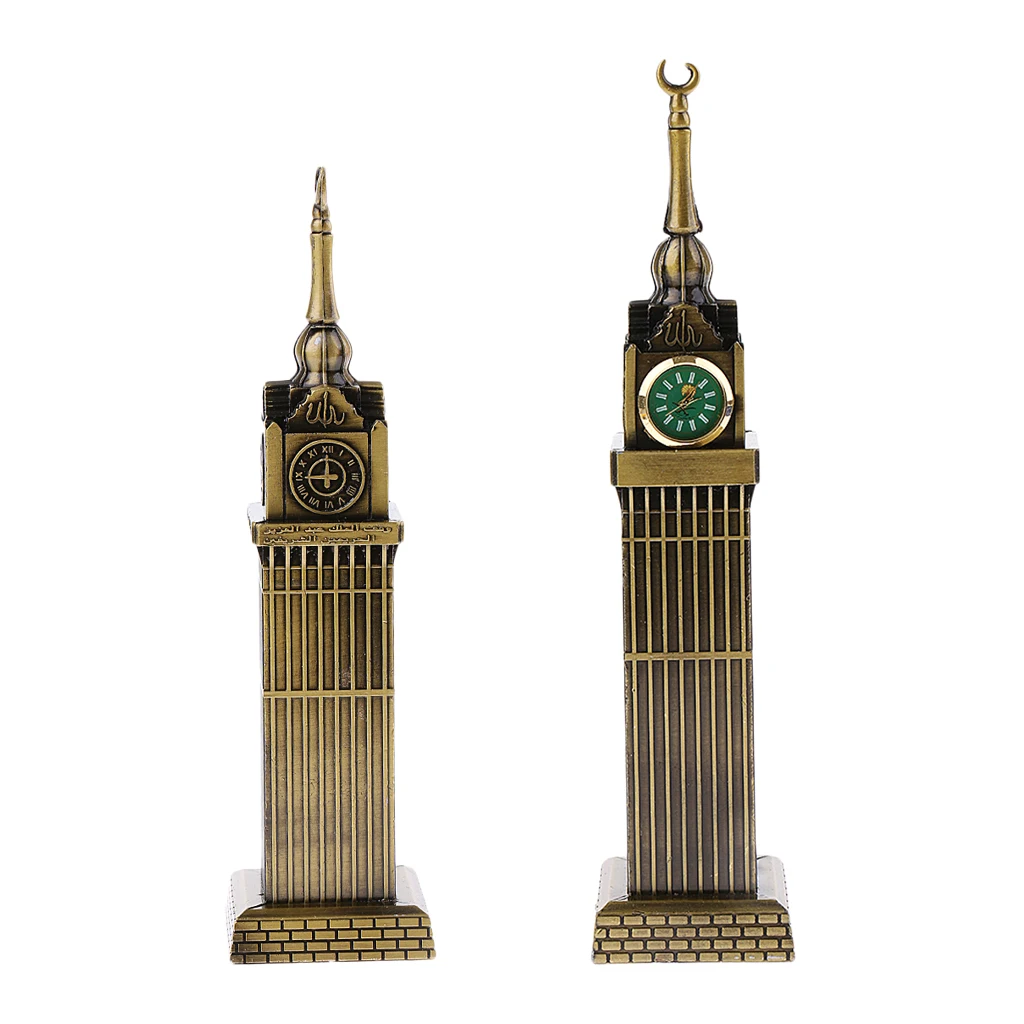 Retro Metal Mecca Tower Statue w/ Clock Building Figurine Model for Home Decor Bars Cafes Restaurants Wedding Party Ornament