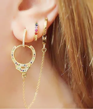 

Real 925 sterling silver Jewelry Accessories Women Fashion Cool Handcuff Earring mirco pave rainbow cz with chain Creativity