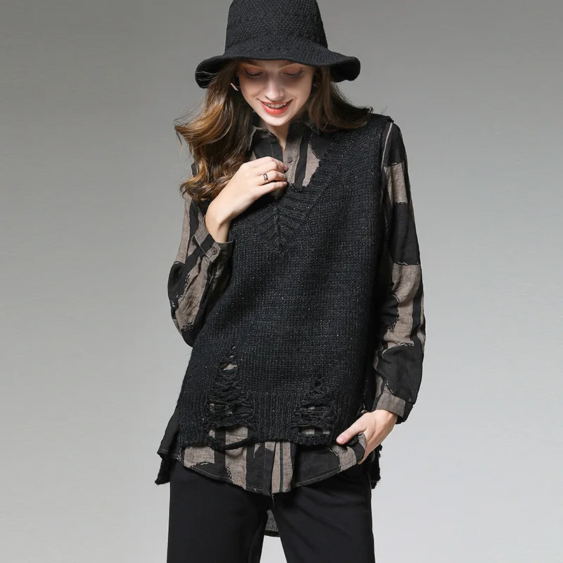 Fashion Tide New Fashion Trend V-neck Hole Sequined Knit Vest All Mtach Loose Women Pullovers Solid Color Leisure AI999