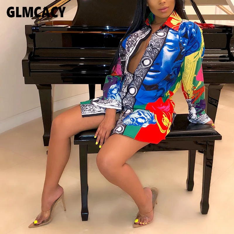 

Women Long Sleeve Vintage Printed Mini Dress Office Lady Blouse Shirt Dress Autumn High Waist Slim Elegant Short Dress