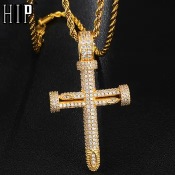 

Hip Hop Gold Silver Color Bling CZ AAA+ Big Nail Cross Iced Out Cubic Zirconia Necklaces & Pendants For Men Charm Jewelry
