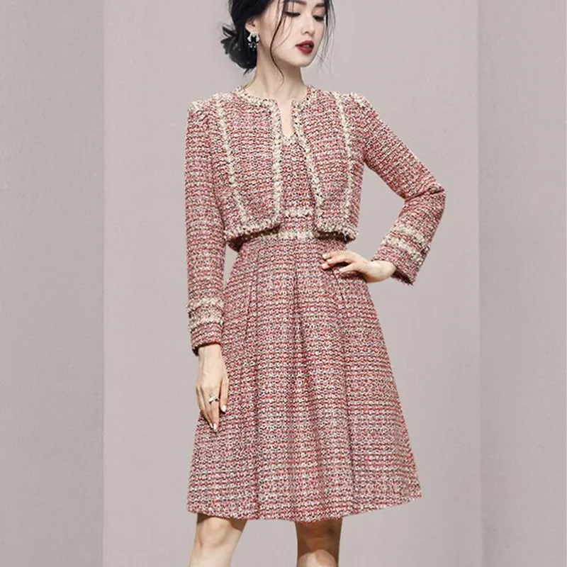 

2023 New Autumn Womens Tweed Suits 2 Piece Set Dress Winter Women Weave Short Jacket Coat + Mini Vest Dress Wool Blend Suits