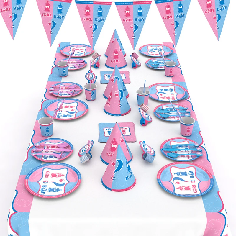 

66pcs/set Gender Reveal Party Paper Cups Plates Disposable Tableware Birthday Decoration Baby Shower Festival Party Supplies