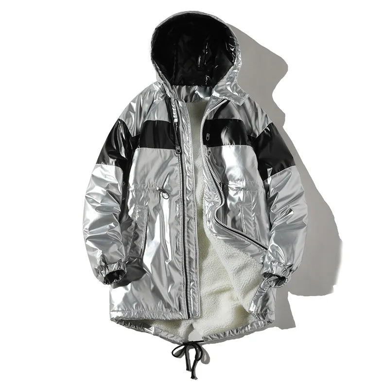 Una Reta Winter Jacket Men New Casual Patchwork Glossy Leather Parka Coat Hip Hop Men Clothes Warm Lambswool Jackets For Men