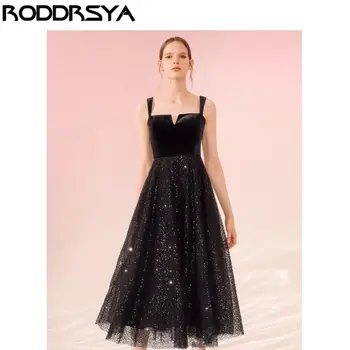 

2020 Bling Sequins Black Tea-Length Evening Dresses Velvet Party Gowns Open Back robe de soiree Simple Party Gowns