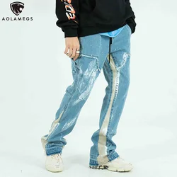 Aolamegs pantalones vaqueros rasgados para hombre, Jeans Hip Hop de inyección de tinta de Color, retales rasgados, informales, Harajuku, Hipster, ropa de calle para pareja