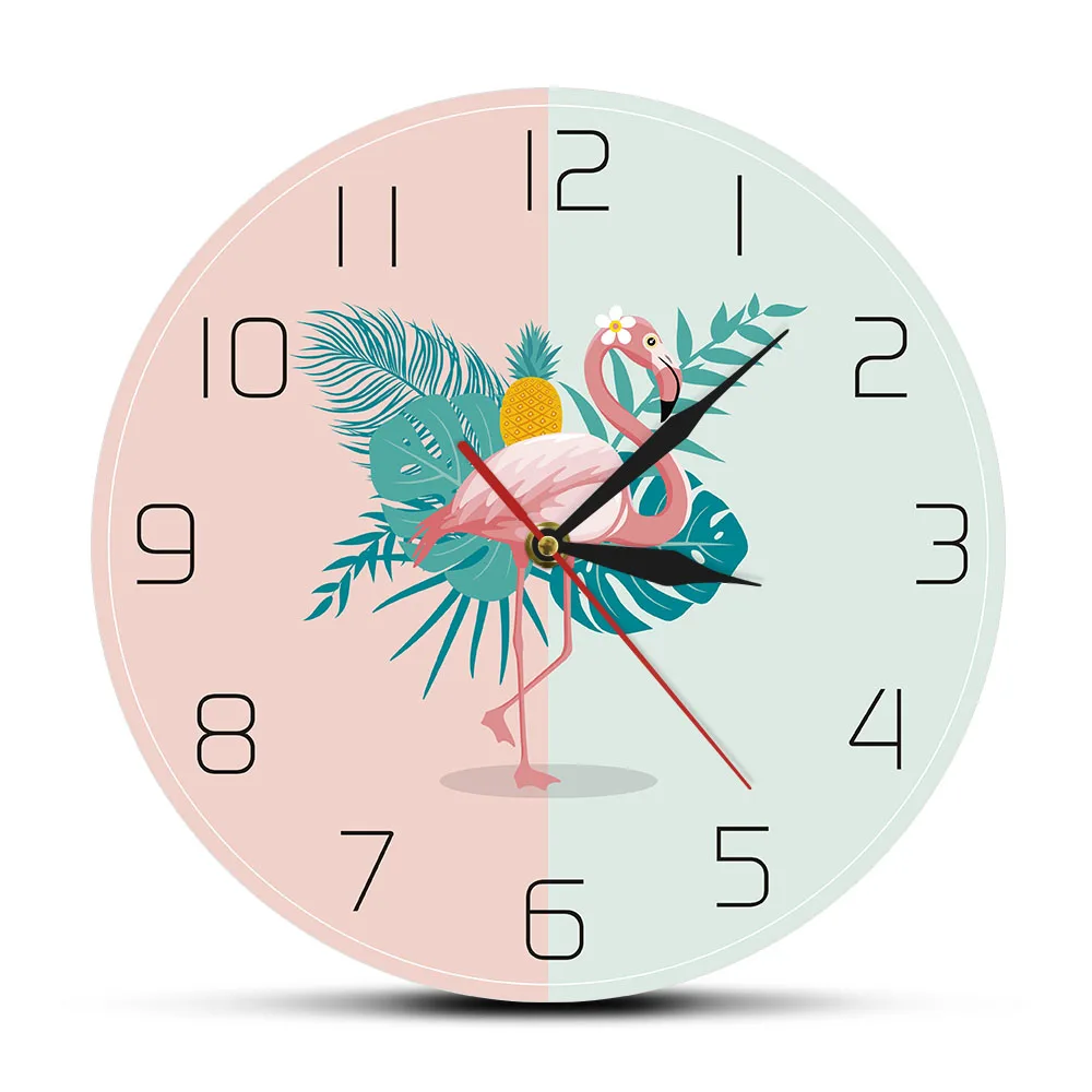 

Tropical Flamingo Wall Clock Pink Flamingo Nursery Wall Art Nature Home Decor Girls Living Room Clock Non Ticking Wall Watch