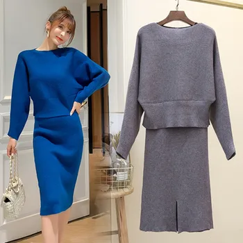 

2019 Autumn Winter New Solid Color Sweater Knitted Skirt Set Women Long Sleeve Knitting Pullover Sweater Suit Two Piece Set