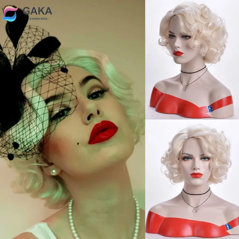 GAKA Marilyn Monroe Party Wig Short Blonde Synthetic Curly Cosplay Classic Wigs for Women Natural High Temperature Fiber anogol klee game genshin impact cosplay wig blonde double ponytail heat resistant synthetic anime wigs halloween party