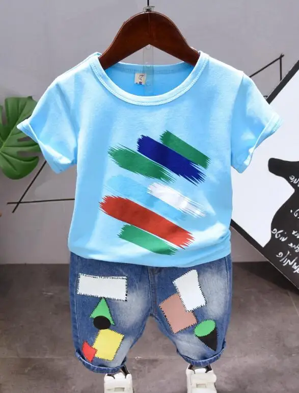 Новые летние комплекты одежды, повседневная детская одежда из хлопка для мальчиков, футболка+ короткие штаны для маленьких мальчиков, комплекты одежды из 2 предметов для 2-6 лет - Цвет: blue 2pcs set