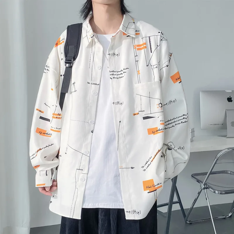 2021 Autumn New flower Print Shirt Men's long sleeve loose coat Japanese streetwear thin white Recommend Free shipping | Мужская