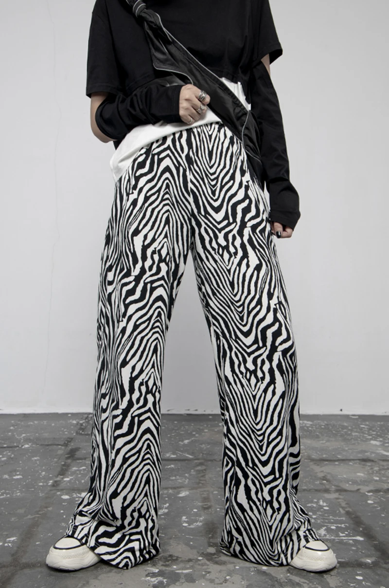 [EAM] High Elastic Waist Zebra Pattern Long Wide Leg Trousers New Loose Fit Pants Women Fashion Tide Spring Autumn 2020 1Z932
